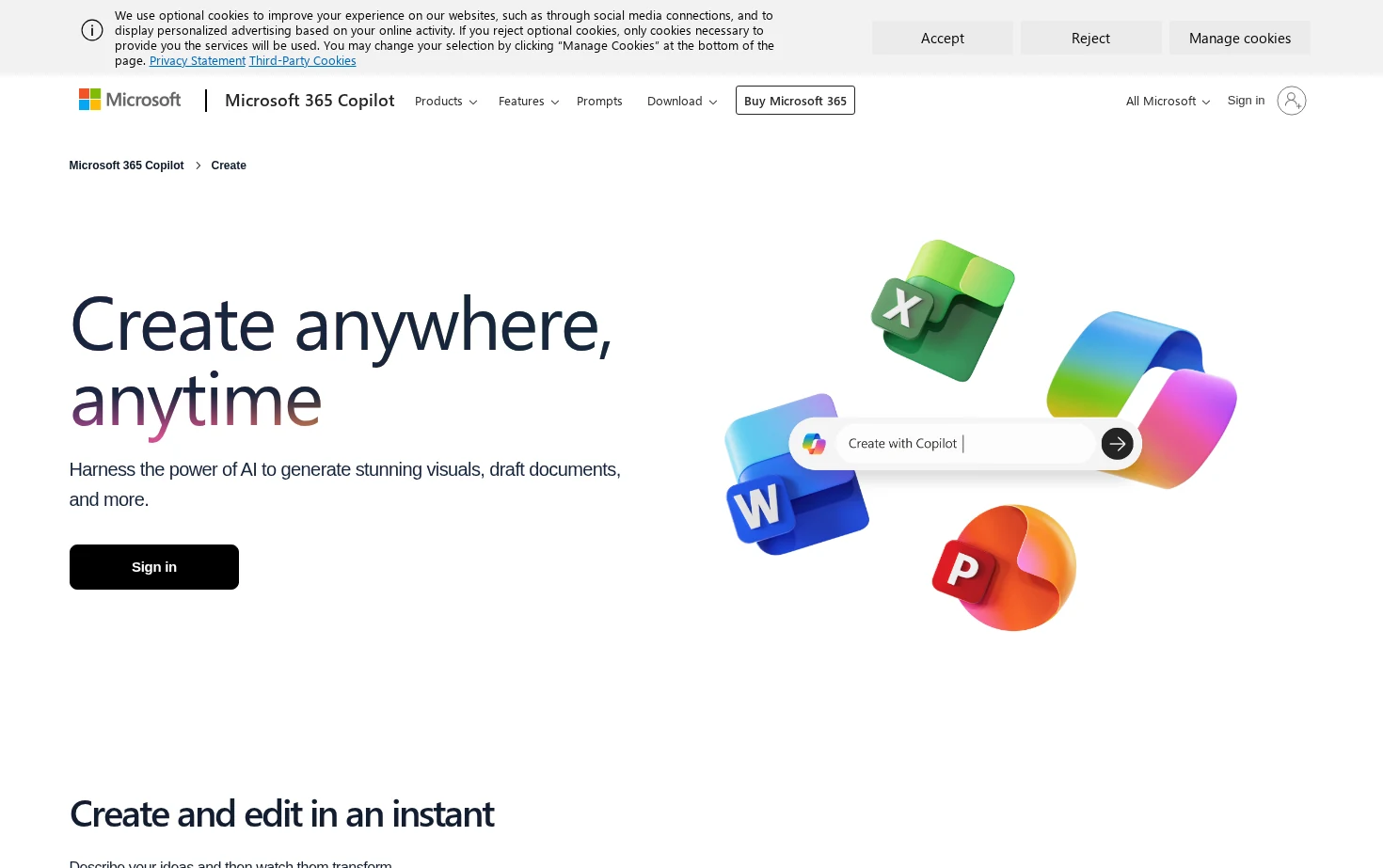 Microsoft 365 Copilot Create 页面快照